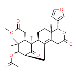 ChemSpider 2D Image | Methyl [(1R,2S,5R,6R,13S,14S,16S)-14-acetoxy-6-(3-furyl)-1,5,15,15-tetramethyl-8,17-dioxo-7-oxatetracyclo[11.3.1.0~2,11~.0~5,10~]heptadec-10-en-16-yl]acetate | C29H36O8