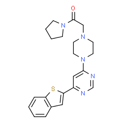 ChemSpider 2D Image | 4-(1-benzothiophen-2-yl)-6-[4-(2-oxo-2-pyrrolidin-1-ylethyl)piperazin-1-yl]pyrimidine | C22H25N5OS