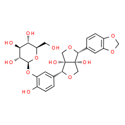 ChemSpider 2D Image | 5-[(1R,3aS,4R,6aS)-4-(1,3-Benzodioxol-5-yl)-3a,6a-dihydroxytetrahydro-1H,3H-furo[3,4-c]furan-1-yl]-2-hydroxyphenyl beta-D-glucopyranoside | C25H28O13