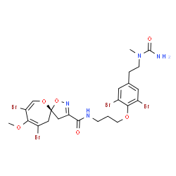 ChemSpider 2D Image | (5R)-8,10-Dibromo-N-[3-(2,6-dibromo-4-{2-[carbamoyl(methyl)amino]ethyl}phenoxy)propyl]-9-methoxy-1,6-dioxa-2-azaspiro[4.6]undeca-2,7,9-triene-3-carboxamide | C23H26Br4N4O6