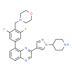 ChemSpider 2D Image | 8-[3,5-difluoro-4-(morpholin-4-ylmethyl)phenyl]-2-[1-(piperidin-4-yl)pyrazol-4-yl]quinoxaline | C27H28F2N6O