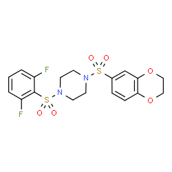 ChemSpider 2D Image | 1-[(2,6-Difluorophenyl)sulfonyl]-4-(2,3-dihydro-1,4-benzodioxin-6-ylsulfonyl)piperazine | C18H18F2N2O6S2