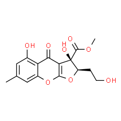 ChemSpider 2D Image | Methyl (2R,3R)-3,5-dihydroxy-2-(2-hydroxyethyl)-7-methyl-4-oxo-2,3-dihydro-4H-furo[2,3-b]chromene-3-carboxylate | C16H16O8