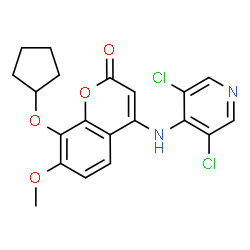 ChemSpider 2D Image | 8-(Cyclopentyloxy)-4-[(3,5-dichloro-4-pyridinyl)amino]-7-methoxy-2H-chromen-2-one | C20H18Cl2N2O4