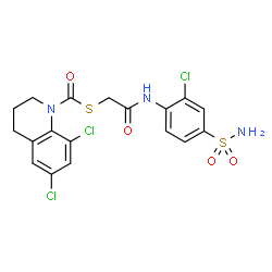 ChemSpider 2D Image | S-{2-[(2-Chloro-4-sulfamoylphenyl)amino]-2-oxoethyl} 6,8-dichloro-3,4-dihydro-1(2H)-quinolinecarbothioate | C18H16Cl3N3O4S2