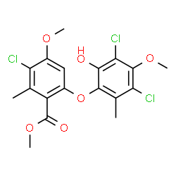ChemSpider 2D Image | Methyl 3-chloro-6-(3,5-dichloro-2-hydroxy-4-methoxy-6-methylphenoxy)-4-methoxy-2-methylbenzoate | C18H17Cl3O6