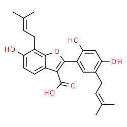 ChemSpider 2D Image | 2-[2,4-Dihydroxy-5-(3-methyl-2-buten-1-yl)phenyl]-6-hydroxy-7-(3-methyl-2-buten-1-yl)-1-benzofuran-3-carboxylic acid | C25H26O6