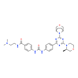 ChemSpider 2D Image | N-[2-(Dimethylamino)ethyl]-4-{[(4-{4-[(3R)-3-methyl-4-morpholinyl]-6-(3-oxa-8-azabicyclo[3.2.1]oct-8-yl)-1,3,5-triazin-2-yl}phenyl)carbamoyl]amino}benzamide | C32H41N9O4