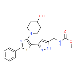ChemSpider 2D Image | Methyl ({3-[4-(4-hydroxy-1-piperidinyl)-2-phenyl-1,3-thiazol-5-yl]-1H-pyrazol-5-yl}methyl)carbamate | C20H23N5O3S