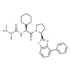 ChemSpider 2D Image | N-{(1S)-1-Cyclohexyl-2-oxo-2-[(2S)-2-(4-phenyl-1,3-benzothiazol-2-yl)-1-pyrrolidinyl]ethyl}-N~2~-methyl-L-alaninamide | C29H36N4O2S