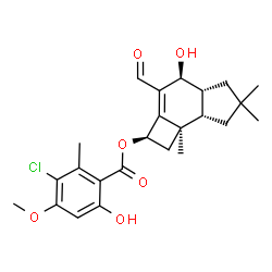 ChemSpider 2D Image | (2R,4S,4aR,7aS,7bR)-3-Formyl-4-hydroxy-6,6,7b-trimethyl-2,4,4a,5,6,7,7a,7b-octahydro-1H-cyclobuta[e]inden-2-yl 3-chloro-6-hydroxy-4-methoxy-2-methylbenzoate | C24H29ClO6