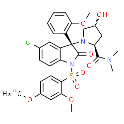 ChemSpider 2D Image | (4R)-1-[(3R)-5-Chloro-1-({2-methoxy-4-[(~11~C)methyloxy]phenyl}sulfonyl)-3-(2-methoxyphenyl)-2-oxo-2,3-dihydro-1H-indol-3-yl]-4-hydroxy-N,N-dimethyl-L-prolinamide | C2911CH32ClN3O8S