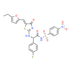 ChemSpider 2D Image | (2S)-2-({(5Z)-5-[(5-Ethyl-2-furyl)methylene]-4-oxo-4,5-dihydro-1,3-thiazol-2-yl}amino)-2-(4-fluorophenyl)-N-[(4-nitrophenyl)sulfonyl]acetamide | C24H19FN4O7S2