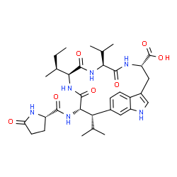 ChemSpider 2D Image | (6S,9S,12S,15S,16S)-12-[(2S)-2-Butanyl]-9,16-diisopropyl-8,11,14-trioxo-15-[(5-oxo-L-prolyl)amino]-2,7,10,13-tetraazatricyclo[15.3.1.0~4,20~]henicosa-1(21),3,17,19-tetraene-6-carboxylic acid | C33H46N6O7