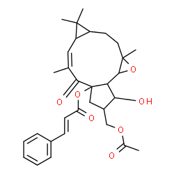 ChemSpider 2D Image | (6Z)-3-(Acetoxymethyl)-2-hydroxy-6,8,8,10a-tetramethyl-5-oxo-1a,1b,2,3,4,5,7a,8,8a,9,10,10a-dodecahydro-4aH-cyclopenta[10,11]cyclopropa[5,6]cycloundeca[1,2-b]oxiren-4a-yl (2E)-3-phenylacrylate | C31H38O7