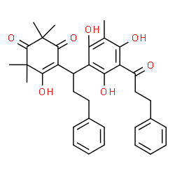 ChemSpider 2D Image | 5-Hydroxy-2,2,6,6-tetramethyl-4-{3-phenyl-1-[2,4,6-trihydroxy-3-methyl-5-(3-phenylpropanoyl)phenyl]propyl}-4-cyclohexene-1,3-dione | C35H38O7