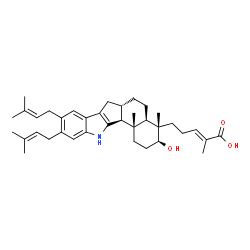 ChemSpider 2D Image | (2E)-5-[(3S,4S,4aR,6aS,12bS,12cS)-3-Hydroxy-4,12c-dimethyl-9,10-bis(3-methyl-2-buten-1-yl)-1,2,3,4,4a,5,6,6a,7,12,12b,12c-dodecahydrobenzo[6,7]indeno[1,2-b]indol-4-yl]-2-methyl-2-pentenoic acid | C37H51NO3