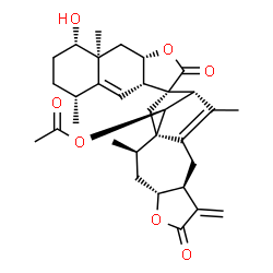 ChemSpider 2D Image | (1'R,2'R,3R,3aS,4'R,5R,8S,8'S,8aS,9aS,12'S,15'S)-8-Hydroxy-2',5,8a,11'-tetramethyl-7'-methylene-2,6'-dioxo-3a,5,6,7,8,8a,9,9a-octahydrospiro[naphtho[2,3-b]furan-3,13'-[5]oxatetracyclo[10.2.1.0~1,10~.0
~4,8~]pentadec[10]en]-15'-yl acetate | C32H40O7
