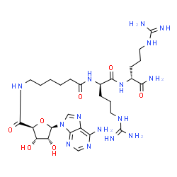ChemSpider 2D Image | (2s,3s,4r,5r)-5-(6-Amino-9h-Purin-9-Yl)-N-(6-{[(1r)-4-Carbamimidamido-1-{[(1r)-4-Carbamimidamido-1-Carbamoylbutyl]carbamoyl}butyl]amino}-6-Oxohexyl)-3,4-Dihydroxytetrahydrofuran-2-Carboxamide | C28H47N15O7