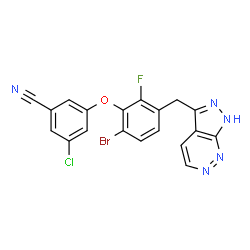 ChemSpider 2D Image | 3-[6-Bromo-2-fluoro-3-(1H-pyrazolo[3,4-c]pyridazin-3-ylmethyl)phenoxy]-5-chlorobenzonitrile | C19H10BrClFN5O