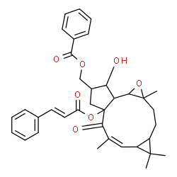 ChemSpider 2D Image | [(6Z)-2-Hydroxy-6,8,8,10a-tetramethyl-5-oxo-4a-{[(2E)-3-phenyl-2-propenoyl]oxy}-1b,2,3,4,4a,5,7a,8,8a,9,10,10a-dodecahydro-1aH-cyclopenta[10,11]cyclopropa[5,6]cycloundeca[1,2-b]oxiren-3-yl]methyl benz
oate | C36H40O7