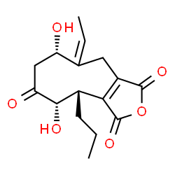 ChemSpider 2D Image | (4S,5S,8S)-9-Ethylidene-5,8-dihydroxy-4-propyl-4,5,7,8,9,10-hexahydro-1H-cyclonona[c]furan-1,3,6-trione | C16H20O6