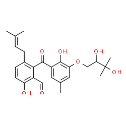 ChemSpider 2D Image | 2-[3-(2,3-Dihydroxy-3-methylbutoxy)-2-hydroxy-5-methylbenzoyl]-6-hydroxy-3-(3-methyl-2-buten-1-yl)benzaldehyde | C25H30O7