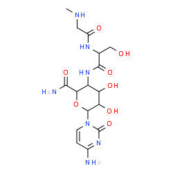 ChemSpider 2D Image | 6-(4-Amino-2-oxo-1(2H)-pyrimidinyl)-4,5-dihydroxy-3-[(3-hydroxy-2-{[(methylamino)acetyl]amino}propanoyl)amino]tetrahydro-2H-pyran-2-carboxamide | C16H25N7O8
