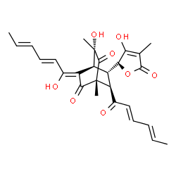 ChemSpider 2D Image | (1R,3S,4S,5Z,7R,8S)-7-[(2E,4E)-2,4-Hexadienoyl]-3-hydroxy-5-[(2E,4E)-1-hydroxy-2,4-hexadien-1-ylidene]-8-[(2S)-3-hydroxy-4-methyl-5-oxo-2,5-dihydro-2-furanyl]-1,3-dimethylbicyclo[2.2.2]octane-2,6-dion
e | C27H30O8