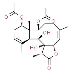 ChemSpider 2D Image | (1R,3aS,4Z,8R,8aS,9S,12aS,13R,13aR)-13,13a-Dihydroxy-1,5,8a,12-tetramethyl-2-oxo-1,2,3a,6,7,8,8a,9,10,12a,13,13a-dodecahydrobenzo[4,5]cyclodeca[1,2-b]furan-8,9-diyl diacetate | C24H34O8