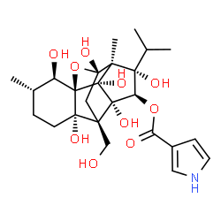 ChemSpider 2D Image | (1R,2R,3S,6S,7R,9S,10S,11S,12R,13S,14R)-2,6,9,11,13,14-Hexahydroxy-7-(hydroxymethyl)-11-isopropyl-3,10-dimethyl-15-oxapentacyclo[7.5.1.0~1,6~.0~7,13~.0~10,14~]pentadec-12-yl 1H-pyrrole-3-carboxylate | C25H35NO10