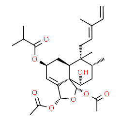 ChemSpider 2D Image | (1S,3R,5S,6aS,7R,8R,10S,10aR)-1,3-Diacetoxy-10-hydroxy-7,8-dimethyl-7-[(2E)-3-methyl-2,4-pentadien-1-yl]-3,5,6,6a,7,8,9,10-octahydronaphtho[1,8a-c]furan-5-yl 2-methylpropanoate | C28H40O8