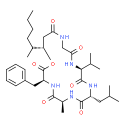 ChemSpider 2D Image | (3S,6S,9R,12S,19S)-3-Benzyl-19-(2-hexanyl)-9-isobutyl-12-isopropyl-6-methyl-1-oxa-4,7,10,13,16-pentaazacyclononadecane-2,5,8,11,14,17-hexone | C34H53N5O7