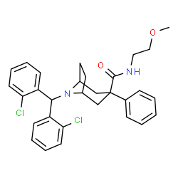 ChemSpider 2D Image | 8-[Bis(2-chlorophenyl)methyl]-N-(2-methoxyethyl)-3-phenyl-8-azabicyclo[3.2.1]octane-3-carboxamide | C30H32Cl2N2O2