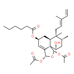 ChemSpider 2D Image | (1S,3R,5S,6aS,7R,8R,10S,10aR)-1,3-Diacetoxy-10-hydroxy-7,8-dimethyl-7-[(2E)-3-methyl-2,4-pentadien-1-yl]-3,5,6,6a,7,8,9,10-octahydronaphtho[1,8a-c]furan-5-yl hexanoate | C30H44O8