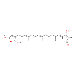 ChemSpider 2D Image | (5Z)-5-[(2R,6E,10E)-13-(2,5-Dimethoxy-2,5-dihydro-3-furanyl)-2,6,10-trimethyl-6,10-tridecadien-1-ylidene]-4-hydroxy-3-methyl-2(5H)-furanone | C27H40O6