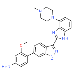 ChemSpider 2D Image | 3-Methoxy-4-{3-[4-(4-methyl-1-piperazinyl)-1H-benzimidazol-2-yl]-1H-indazol-6-yl}aniline | C26H27N7O