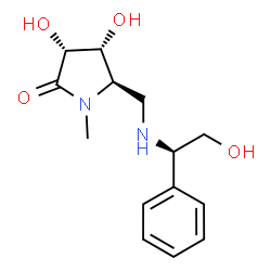 ChemSpider 2D Image | (3R,4R,5R)-3,4-Dihydroxy-5-({[(1R)-2-hydroxy-1-phenylethyl]amino}methyl)-1-methyl-2-pyrrolidinone | C14H20N2O4