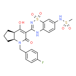 ChemSpider 2D Image | N-{3-[(4aR,7aS)-1-(4-Fluorobenzyl)-4-hydroxy-2-oxo-2,4a,5,6,7,7a-hexahydro-1H-cyclopenta[b]pyridin-3-yl]-1,1-dioxido-2H-1,2,4-benzothiadiazin-7-yl}methanesulfonamide | C23H23FN4O6S2