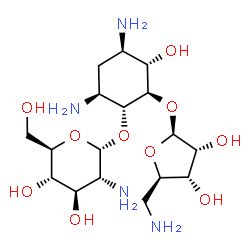 ChemSpider 2D Image | (1R,2R,3S,4R,6S)-4,6-Diamino-2-[(5-amino-5-deoxy-beta-D-ribofuranosyl)oxy]-3-hydroxycyclohexyl 2-amino-2-deoxy-alpha-D-glucopyranoside | C17H34N4O10