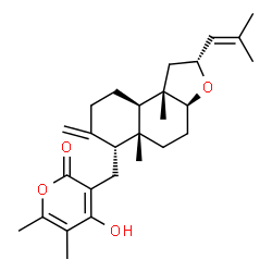 ChemSpider 2D Image | 3-{[(2R,3aS,5aR,6R,9aR,9bS)-5a,9b-Dimethyl-7-methylene-2-(2-methyl-1-propen-1-yl)dodecahydronaphtho[2,1-b]furan-6-yl]methyl}-4-hydroxy-5,6-dimethyl-2H-pyran-2-one | C27H38O4