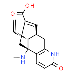 ChemSpider 2D Image | (1R,9R,13R)-1-(Methylamino)-5-oxo-13-vinyl-6-azatricyclo[7.3.1.0~2,7~]trideca-2(7),3,10-triene-11-carboxylic acid | C16H18N2O3