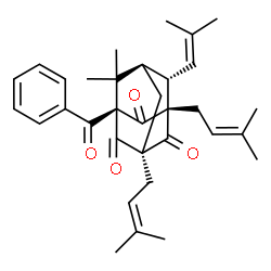 ChemSpider 2D Image | (1R,3S,5R,7R,8S)-5-Benzoyl-6,6-dimethyl-1,3-bis(3-methyl-2-buten-1-yl)-8-(2-methyl-1-propen-1-yl)-2,4,9-adamantanetrione | C33H40O4