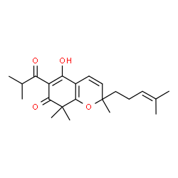 ChemSpider 2D Image | 5-Hydroxy-6-isobutyryl-2,8,8-trimethyl-2-(4-methyl-3-penten-1-yl)-2,8-dihydro-7H-chromen-7-one | C22H30O4