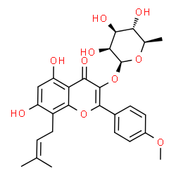 ChemSpider 2D Image | 5,7-Dihydroxy-2-(4-methoxyphenyl)-8-(3-methyl-2-buten-1-yl)-4-oxo-4H-chromen-3-yl 6-deoxy-beta-D-mannopyranoside | C27H30O10