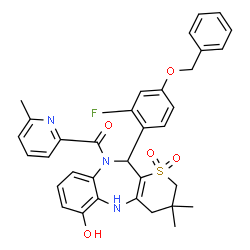 ChemSpider 2D Image | (11S)-11-[4-(benzyloxy)-2-fluorophenyl]-3,3-dimethyl-10-[(6-methylpyridin-2-yl)carbonyl]-2,3,4,5,10,11-hexahydrothiopyrano[3,2-b][1,5]benzodiazepin-6-ol 1,1-dioxide | C34H32FN3O5S