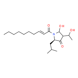 ChemSpider 2D Image | (2R)-1-[(2E)-2-Decenoyl]-5-hydroxy-4-(1-hydroxyethyl)-2-isobutyl-3-pyrrolidinone | C20H35NO4