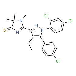 ChemSpider 2D Image | 2-[5-(4-Chlorophenyl)-1-(2,4-dichlorophenyl)-4-ethyl-1H-pyrazol-3-yl]-1,5,5-trimethyl-1,5-dihydro-4H-imidazole-4-thione | C23H21Cl3N4S