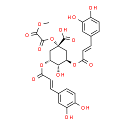ChemSpider 2D Image | (3R,5R)-3,5-Bis{[(2E)-3-(3,4-dihydroxyphenyl)-2-propenoyl]oxy}-4-hydroxy-1-[2-methoxy(oxo)acetoxy]cyclohexanecarboxylic acid | C28H26O15