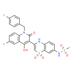 ChemSpider 2D Image | N-{3-[6-Fluoro-1-(4-fluorobenzyl)-4-hydroxy-2-oxo-1,2-dihydro-3-quinolinyl]-1,1-dioxido-4H-1,4-benzothiazin-7-yl}methanesulfonamide | C25H19F2N3O6S2